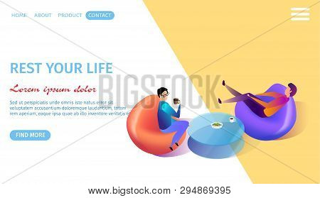 Rest Your Life Horizontal Banner With Copy Space. Two Young Men Realxing Sitting At Armcairs At Glas