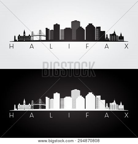Halifax Skyline And Landmarks Silhouette, Black And White Design, Vector Illustration.