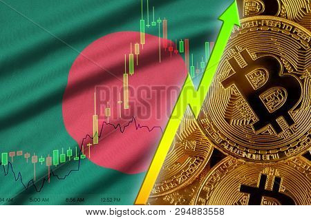 Bangladesh Flag And Cryptocurrency Growing Trend With Many Golden Bitcoins