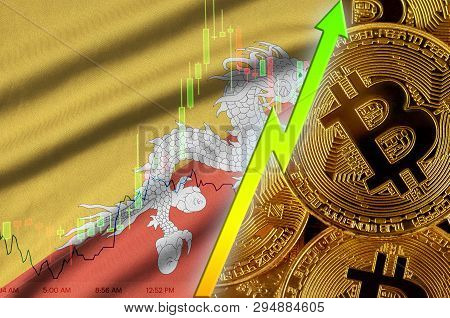 Bhutan Flag And Cryptocurrency Growing Trend With Many Golden Bitcoins