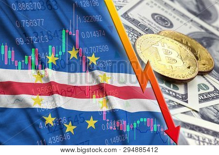 Cabo Verde Flag And Cryptocurrency Falling Trend With Two Bitcoins On Dollar Bills