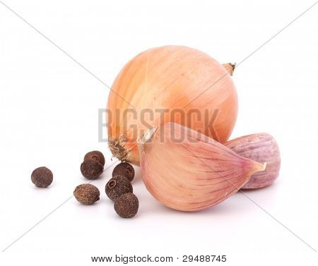 Zwiebel und Knoblauch, Gewürznelke isolierten auf weißen Hintergrund