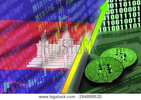 Cambodia Flag And Cryptocurrency Growing Trend With Two Bitcoins On Dollar Bills And Binary Code Dis