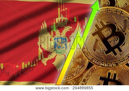 Montenegro Flag And Cryptocurrency Growing Trend With Many Golden Bitcoins