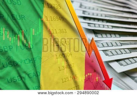 Mali Flag And Chart Falling Us Dollar Position With A Fan Of Dollar Bills