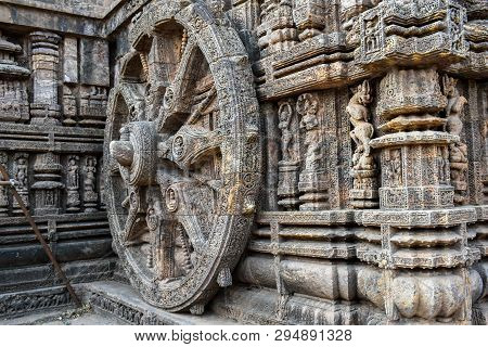 Chariot Wheel Carved Into The Wall Of Konark Sun Temple With Beautiful Architecture Closer Side Look