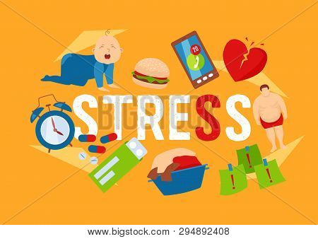 Work And Stress Factors Icons Banner Vector Illustration. Crying Kid Character. Health Problems. Fat