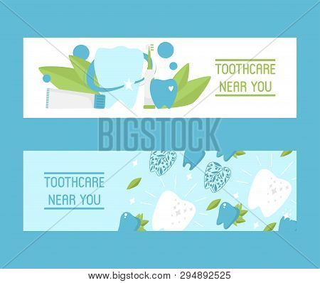 Toothcare Near You Set Of Banners Vector Illustration. Healthy Tooth Under Protection With Glowing E