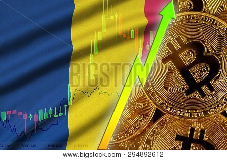 Chad Flag And Cryptocurrency Growing Trend With Many Golden Bitcoins