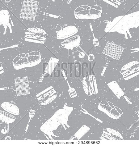 Pattern With Icons: Beef, Steak, Grill, Meat Knife, Barbecue. Vintage Style. Butcher Attributes. Vec
