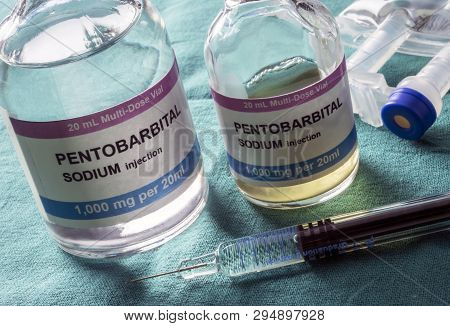 Vials With Sodium Pentobarbital Used For Euthanasia And Lethal Inyecion In A Hospital, Conceptual Im