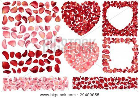 Big collection of detailed realistic rose petals. Different variations and colors, includes frames,hearts,seamless borders. For saint valentineâs greeting cards, wedding, engagement invitations, etc.