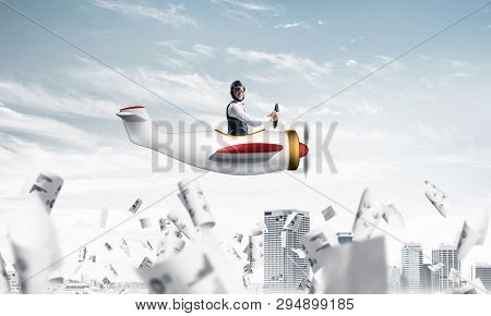 Successful Management And Information Analysing Concept With Funny Pilot. Aviator Driving Propeller 