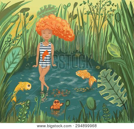 Red-haired Girl Swims In A Pond With Fish