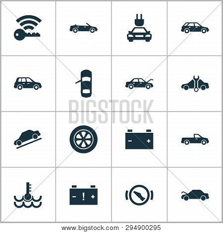 Car Icons Set With Station Wagon, Hill Descent, Crossover And Other Warning Elements. Isolated Vecto