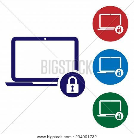 Blue Laptop And Lock Icon Isolated On White Background. Computer And Padlock. Security, Safety, Prot