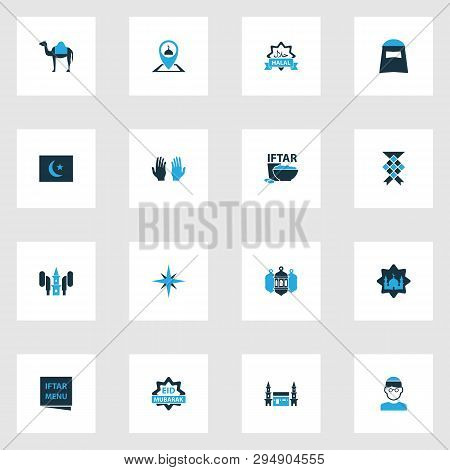 Ramadan Icons Colored Set With Qiblah, Pray, Mullah And Other Mosque Lantern Elements. Isolated  Ill