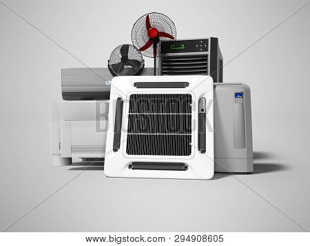 Group Of Office Cooling Equipment Air Conditioning Fan 3d Render On Gray Background With Shadow