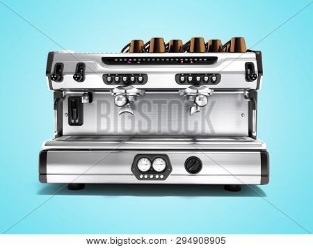 Professional Coffee Machine With Coffee Cups 3d Render On Blue Background With Shadow
