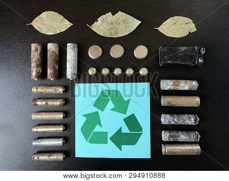 Corrosion-free Batteries.  Different Size And Shape. A Dry Leaves. Sign Of Recycling And Protection