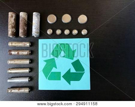 Corrosion-free Batteries.  Different Size And Shape. Sign Of Recycling And Protection Of The Environ