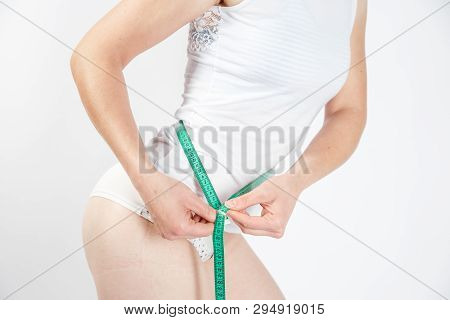 Woman Body After Weight Loss. Cropped Close Up Photo Of Fatless Slender Body Parts And Proportions W