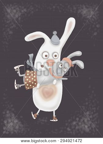 Postcard Love Hares Skate In Winter Black Background