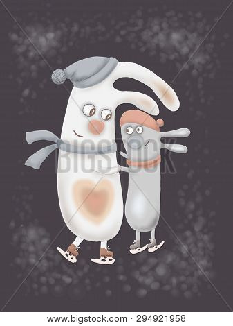Postcard Love Hares Skate In Winter Black Background