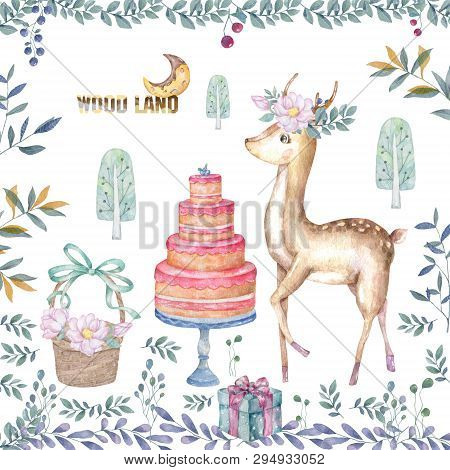 Cute Baby Deer With Tasty Cake Animal Isolated Illustration For Children. Bohemian Watercolor Boho F