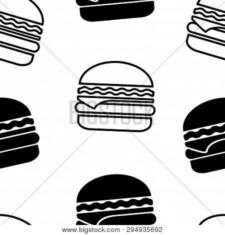 Fast Food. Seamless Pattern With Cheeseburgers, Outline And Flat Design. Vector Illustration