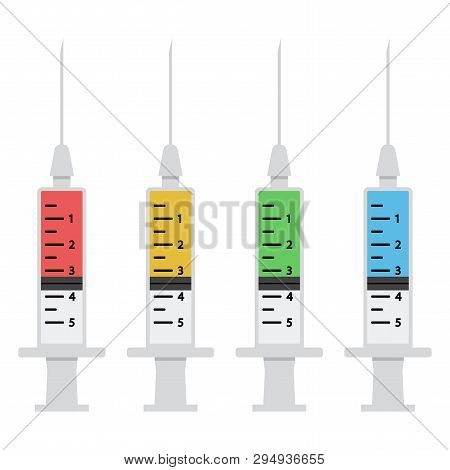Syringe With Colorful Vaccine Isolated On White Background. Vector Illustration