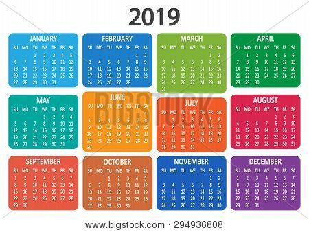Colorful Calendar 2019. Week Starts From Sunday. Vector Illustration