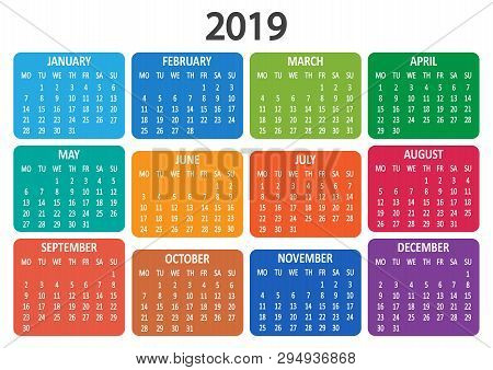 Colorful Calendar 2019. Week Starts From Monday. Vector Illustration
