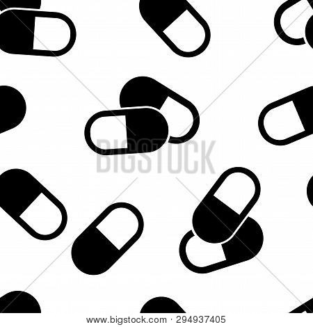 Medical Seamless Pattern With Black Pills On White Background. Vector Illustration