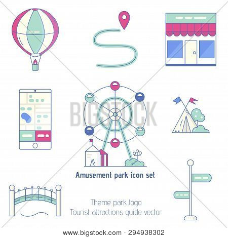 Amusement Park Objects. Flat Vector Icon Set Includes: Wheel, Hot Air Baloon, Cafe Shop, Bridge, Rou