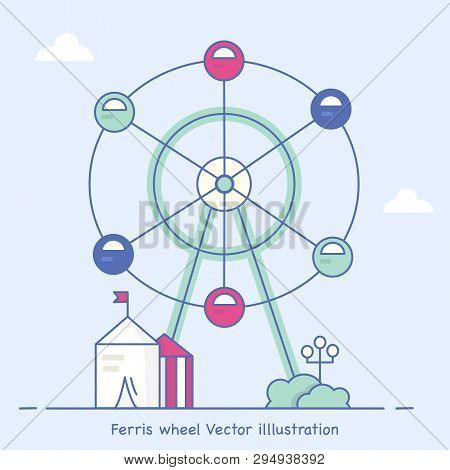 Amusement Park Vector Flat Simple Illustration. Ferris Wheel, Carnival Camp, Playground. Bushes, Clo
