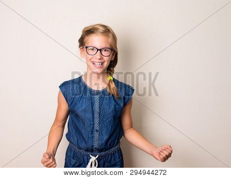 Portrait Winning Successful Teenager Girl In Eyeglasses And Braces Happy Ecstatic Celebrating Being 