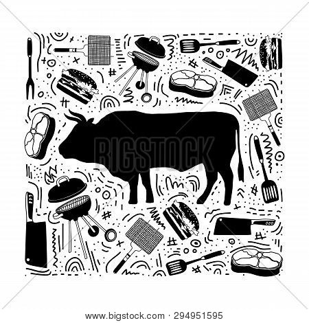 Isolated Bull Silhouette And Icons: Beef, Steak, Grill, Meat Knife, Barbecue For Butcher Shop, Farme