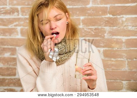 Girl Suffer Fever And Take Medicine. Headache And Fever Remedies. What To Know About Breaking Fever.