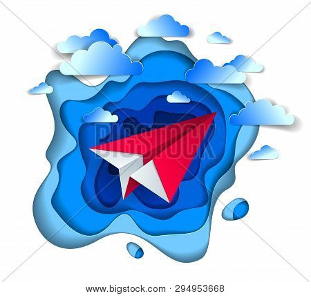 Origami Paper Plane Toy Flying In The Sky With Beautiful Clouds, Perfect Vector Illustration Of Scen