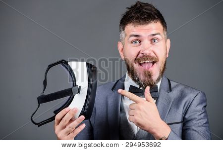 Businessman Explore Virtual Reality. Digital Technology For Business. Business Implement Modern Tech
