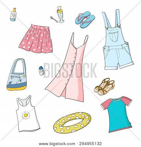 Summer Women And Gris Clothes. Set Of Colorful Vector Illustrations. Isolated On White Background. E