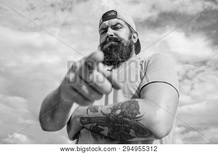 Hey You. Man Bearded Muscular Brutal Hipster Outdoors Sky Background. Masculinity And Brutality. Lum