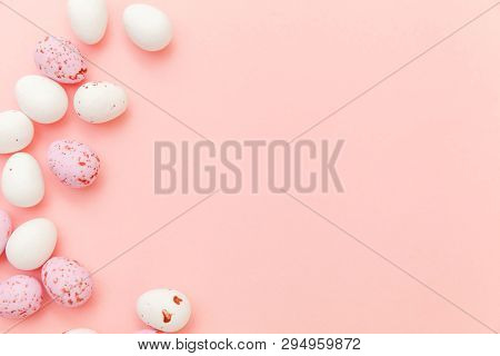 Happy Easter Concept. Preparation For Holiday. Easter Candy Chocolate Eggs And Jellybean Sweets Isol