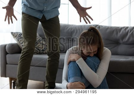 Unhappy Frightened Woman Crying, Aggressive Man Shouting, Emotional Abuse