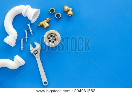 Plumber Work With Instruments, Tools And Gear On Blue Background Top View Mockup