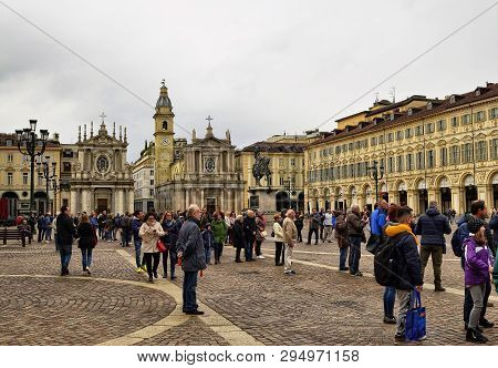 Turin, Piedmont, Italy. April 2019. Piazza San Carlo