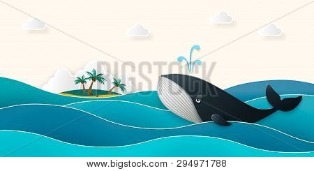 Blue Whale Swims On The Sea Past A Tropical Island With Palm Trees. Marine Animal, Waves In Paper Cu