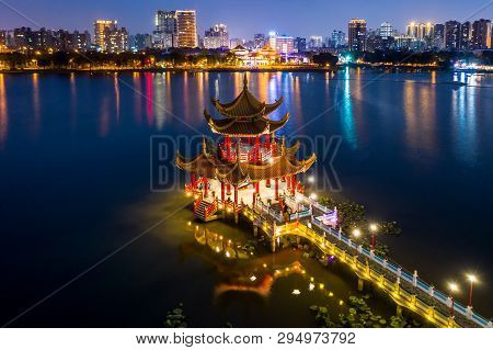 Kaohsiung's Famous Tourist Attractions Aerial View, Beautiful Decorated Traditional Chinese Pagoda W