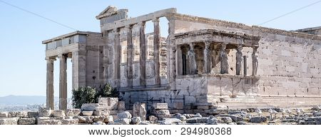 Athens, Greece - 06/23/2013 - Panoramic Background With Acropolis, Porch Of Caryatids, Erechtheum Te